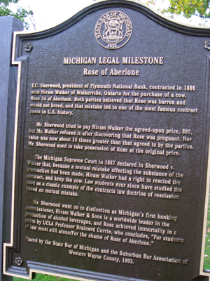the historical marker for this case in Kellogg Park, Plymouth, Michigan